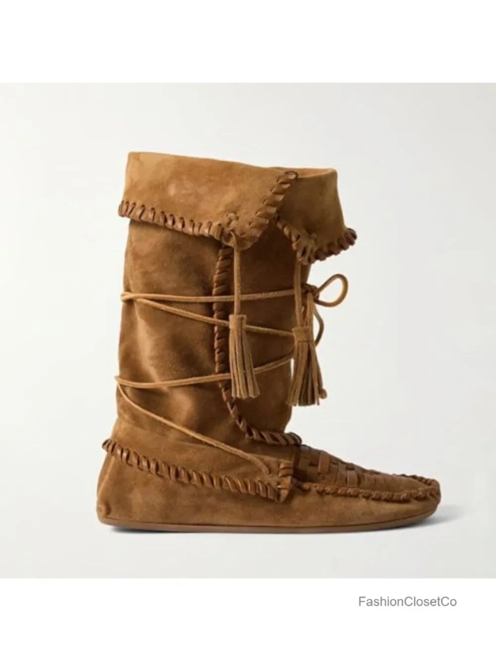 Suede Fold Over Slouchy Boho Boots with Woven Fringe Lace Up Mid Calf